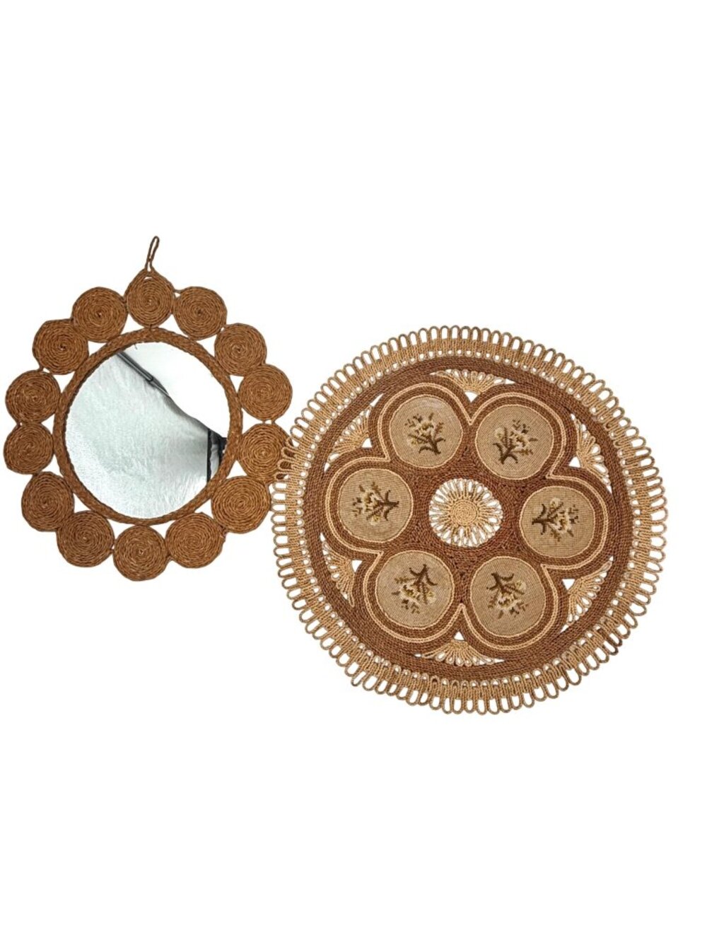 Vtg 2 Pc Boho Woven Wall Mirror & Natural Jute Floral Embroidered Placemat